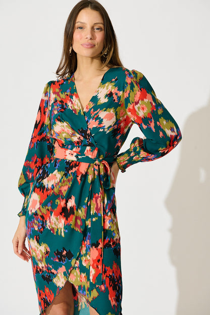 Rosemarie Midi Dress in Emerald with Abstract Print