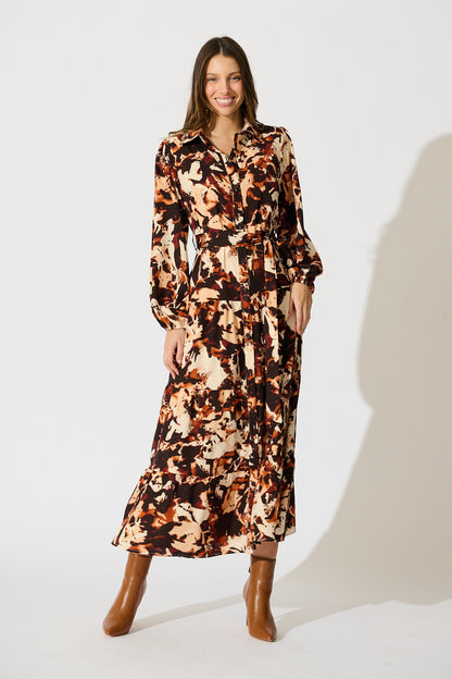 Loop Me Maxi Shirt Dress in Multi Brown Print Satin