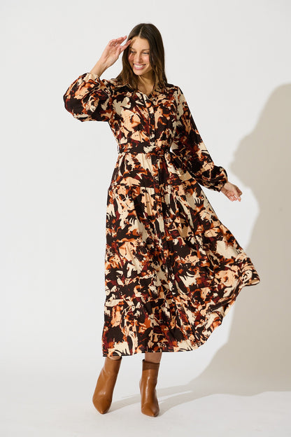 Loop Me Maxi Shirt Dress in Multi Brown Print Satin