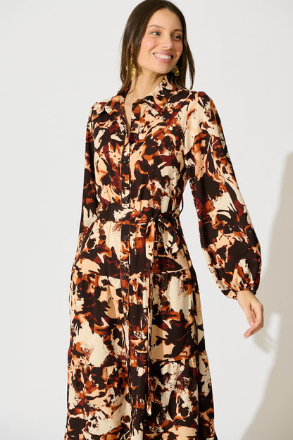 Loop Me Maxi Shirt Dress in Multi Brown Print Satin