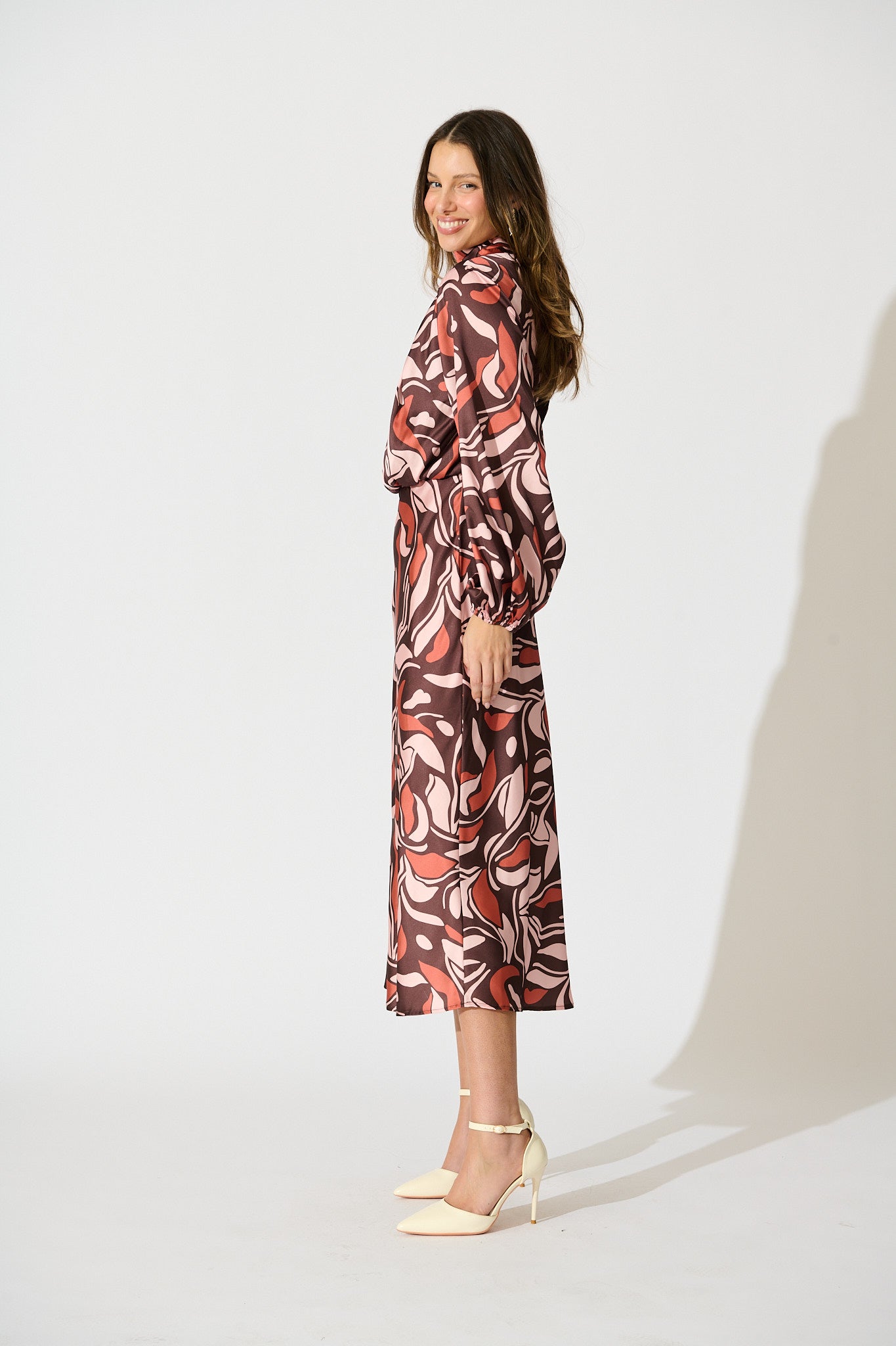 Sepia Bloom Midi Dress in Multi Brown Print Satin