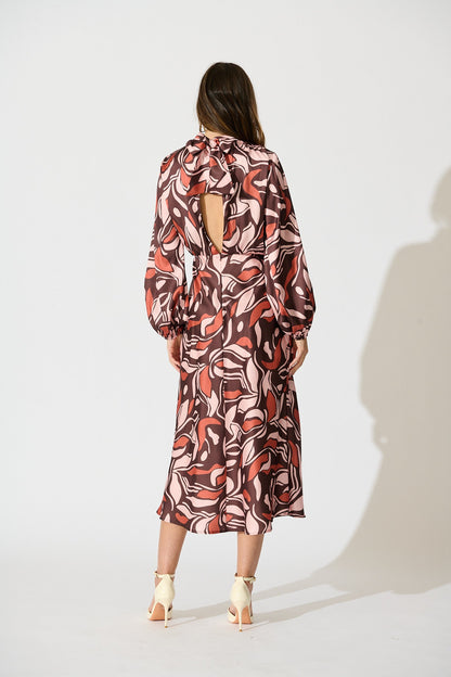 Sepia Bloom Midi Dress in Multi Brown Print Satin
