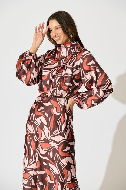 Sepia Bloom Midi Dress in Multi Brown Print Satin