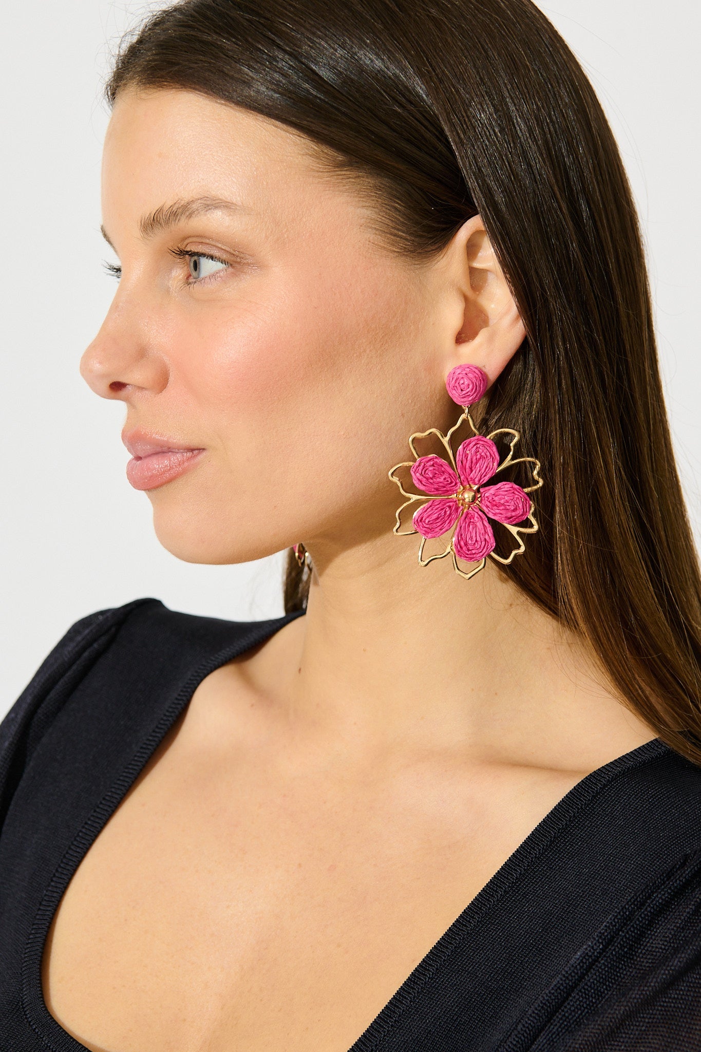 Pia Drop Earrings in Gold with Pink Rattan