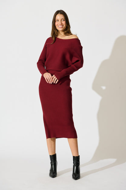 Kassia Off Shoulder Midi Knit Dress in Wine
