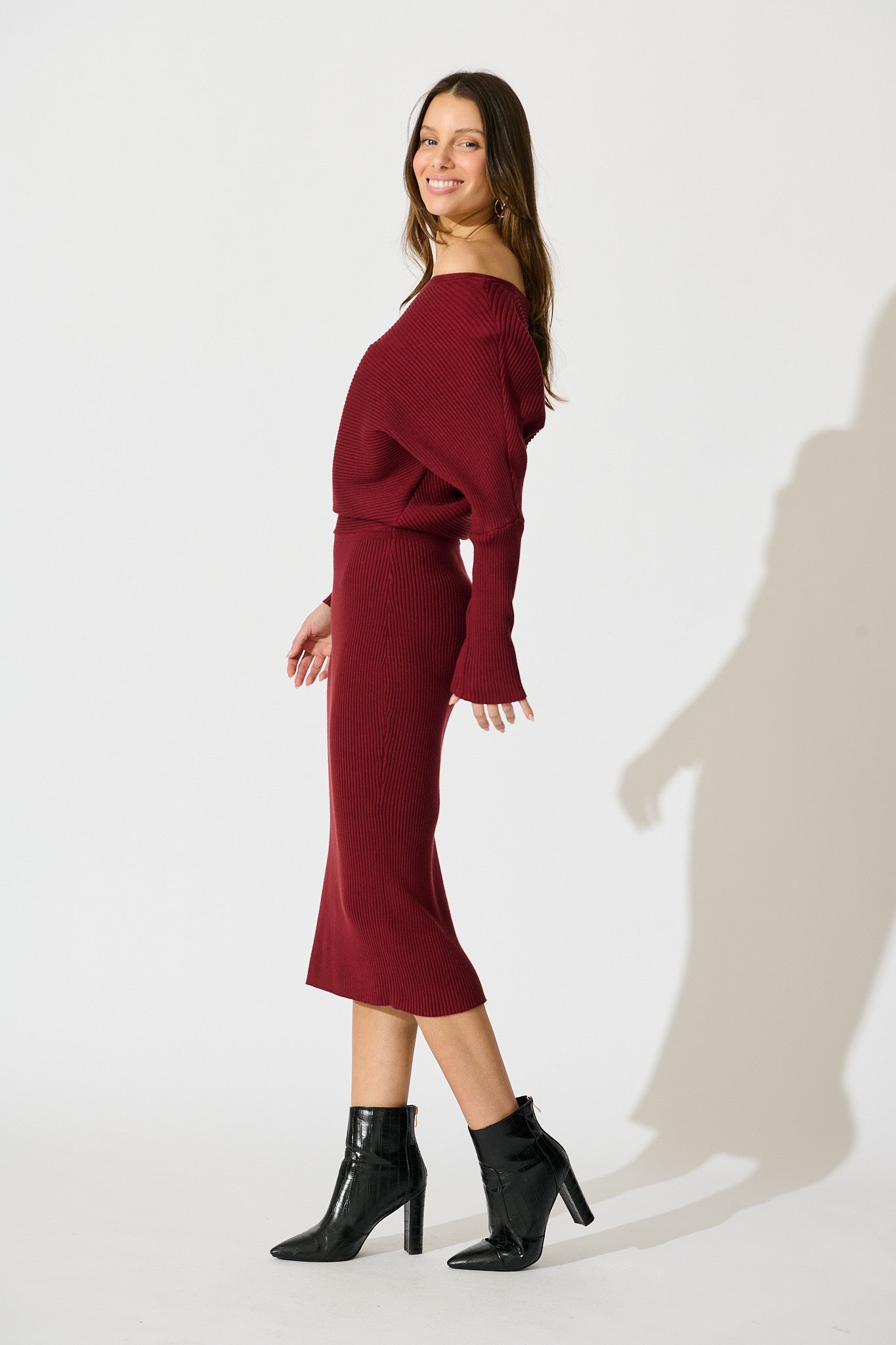 Kassia Off Shoulder Midi Knit Dress in Wine