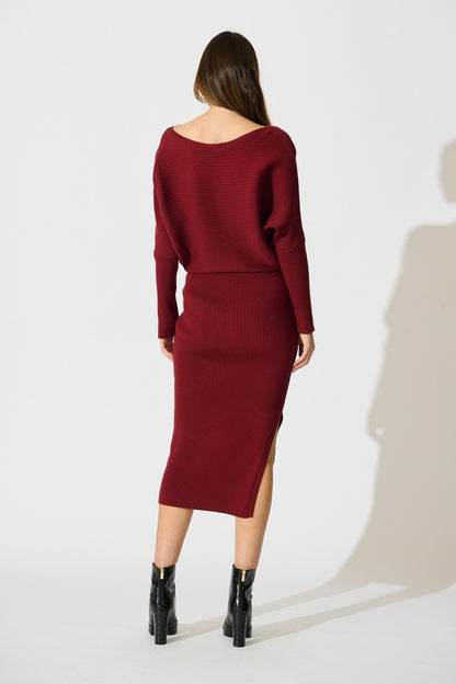 Kassia Off Shoulder Midi Knit Dress in Wine