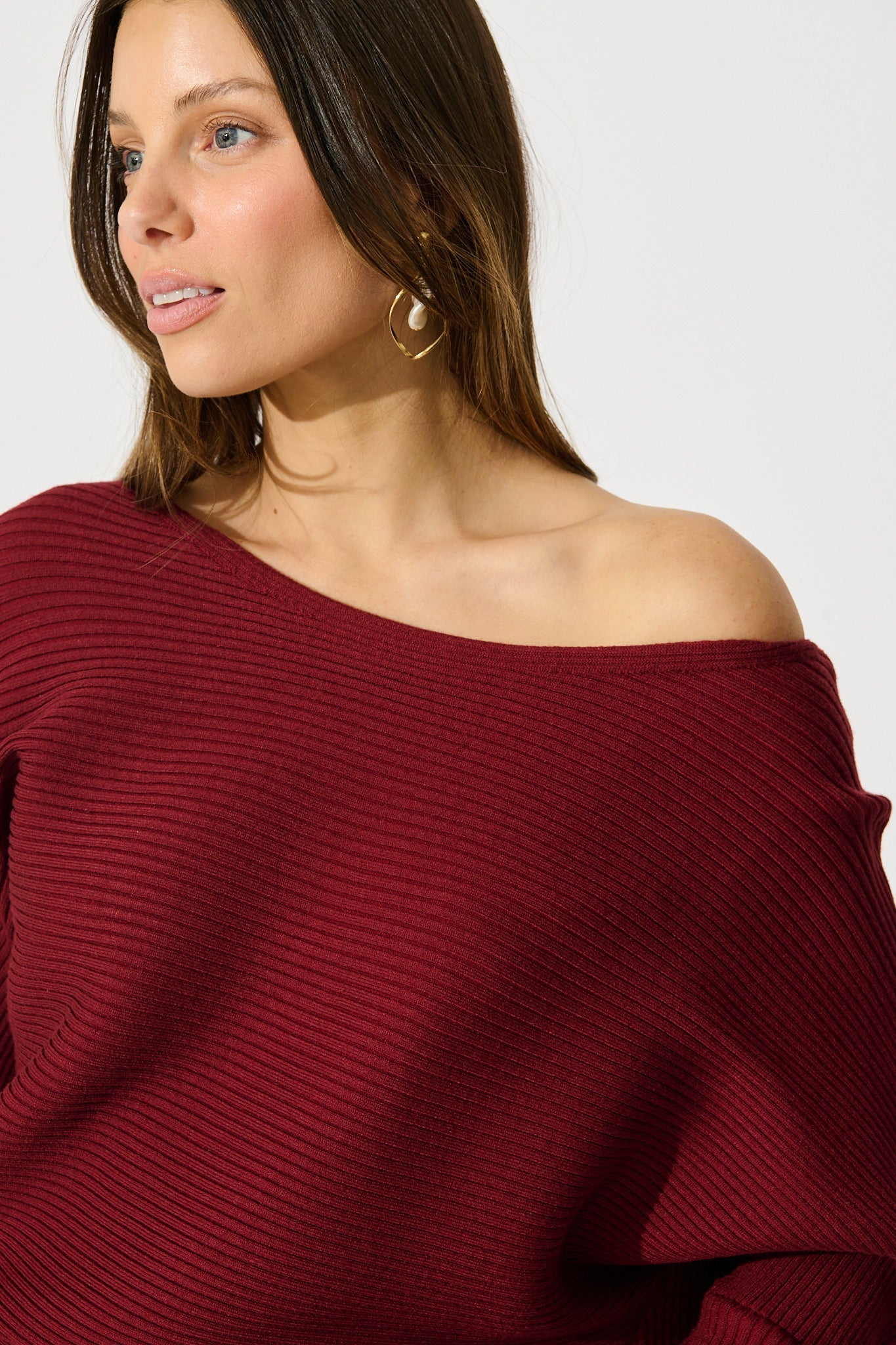 Kassia Off Shoulder Midi Knit Dress in Wine