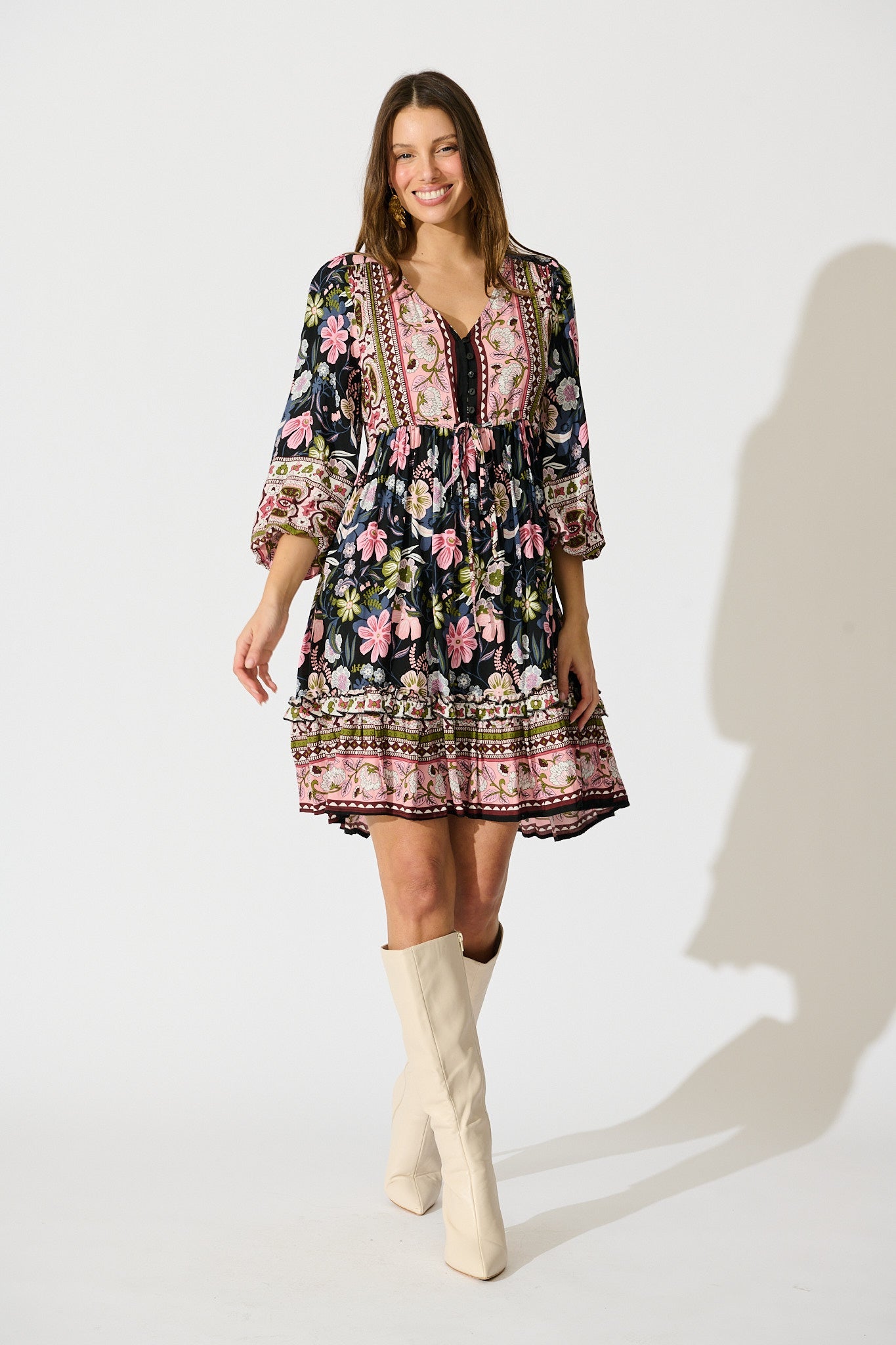 Tully Dress in Black with Pink Boho Floral