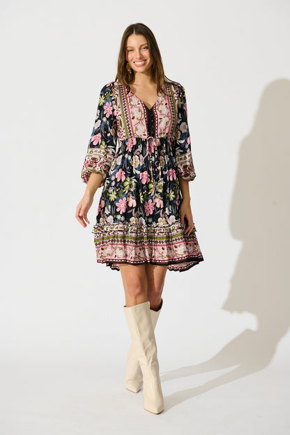 Tully Dress in Black with Pink Boho Floral