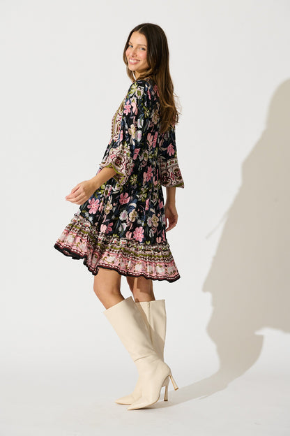 Tully Dress in Black with Pink Boho Floral
