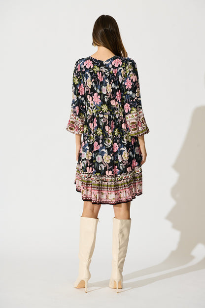 Tully Dress in Black with Pink Boho Floral