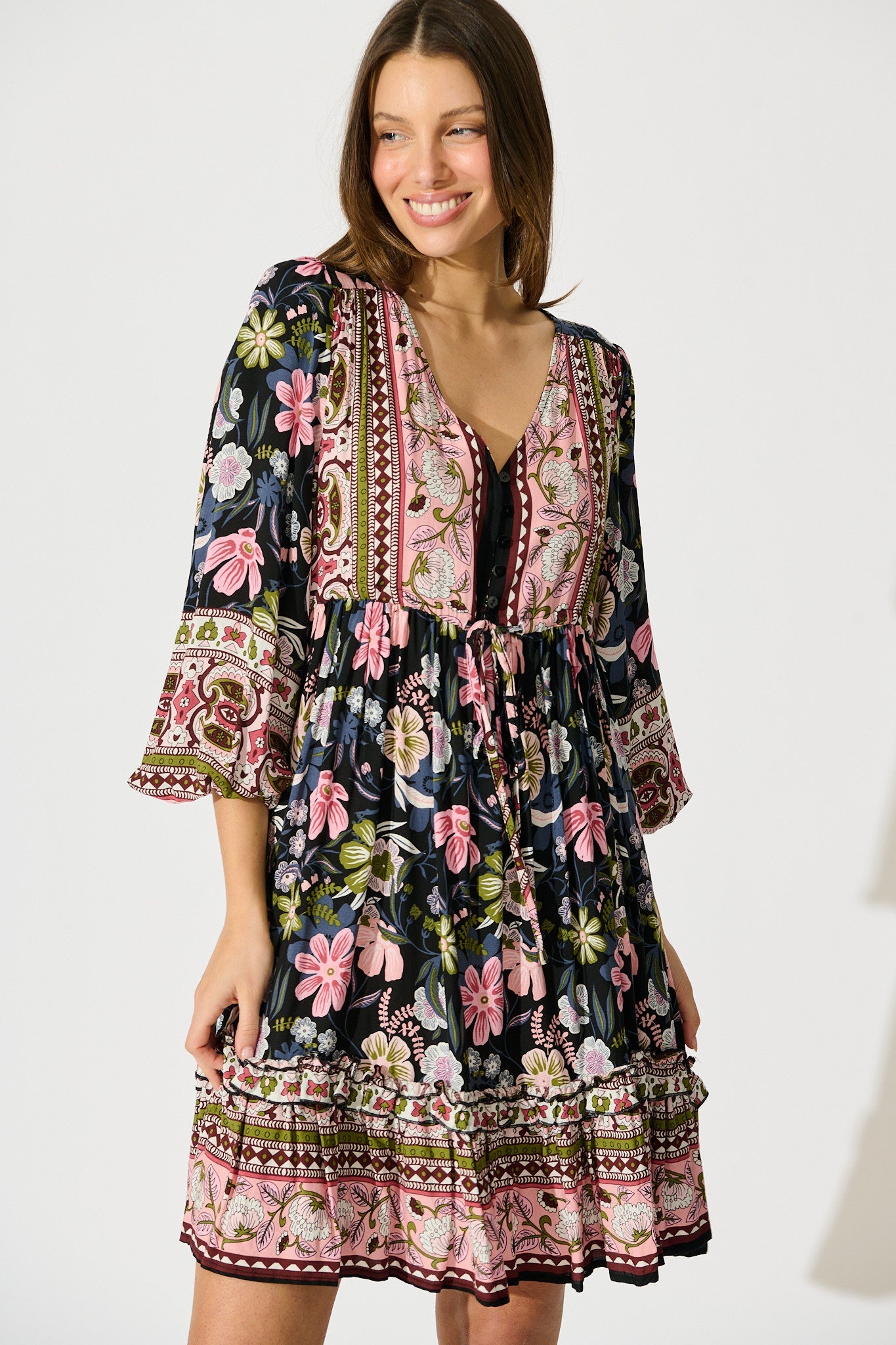 Tully Dress in Black with Pink Boho Floral