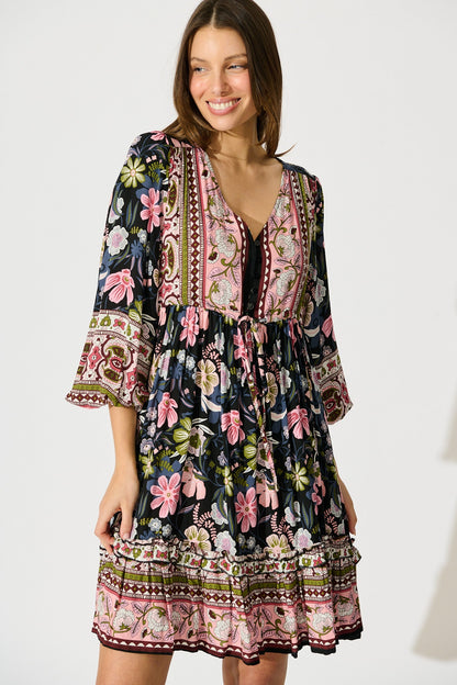 Tully Dress in Black with Pink Boho Floral