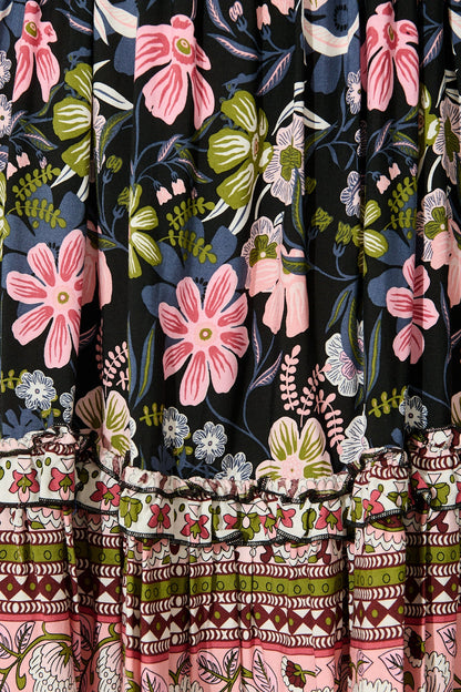 Tully Dress in Black with Pink Boho Floral
