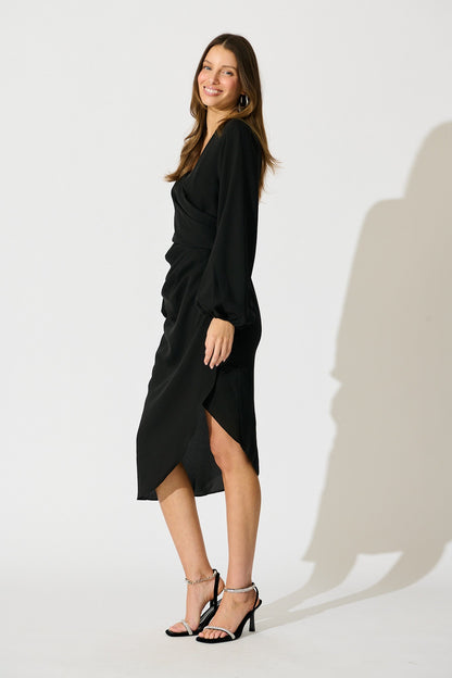 Kalisha Midi Dress in Black Satin