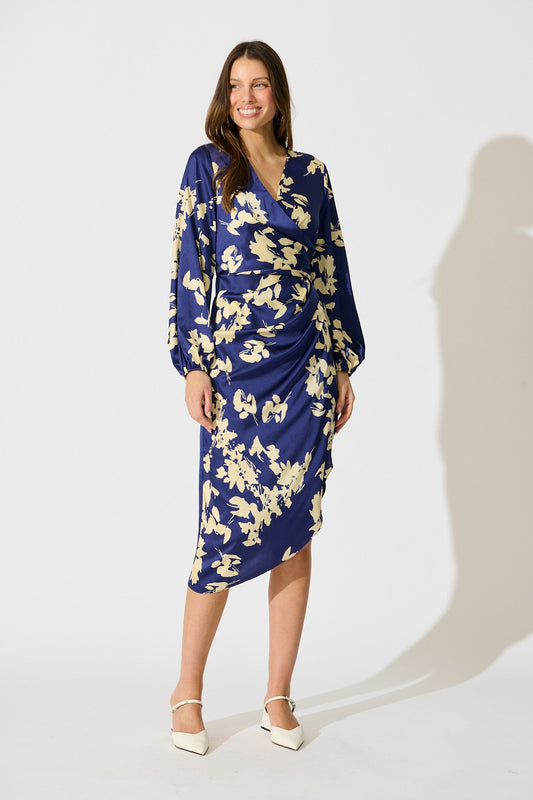 Kalisha Midi Dress in Blue with White Floral Satin