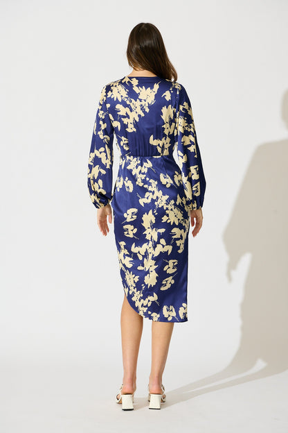 Kalisha Midi Dress in Blue with White Floral Satin