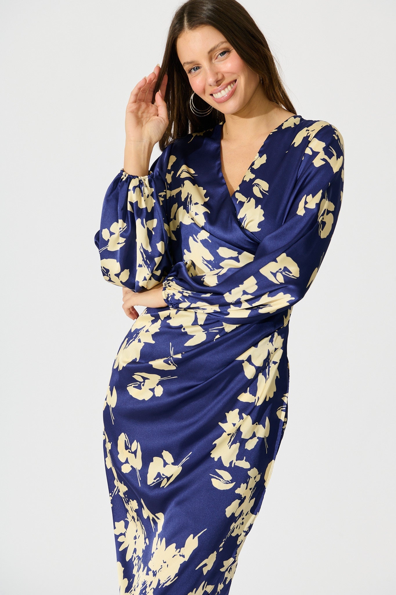 Kalisha Midi Dress in Blue with White Floral Satin