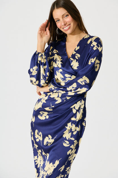 Kalisha Midi Dress in Blue with White Floral Satin