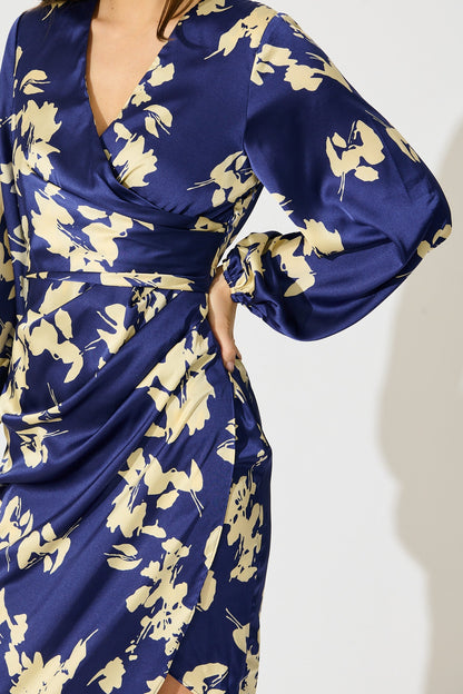 Kalisha Midi Dress in Blue with White Floral Satin