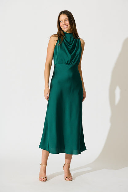 Vision of Love Midi Dress in Emerald Satin