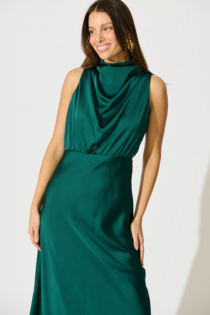 Vision of Love Midi Dress in Emerald Satin