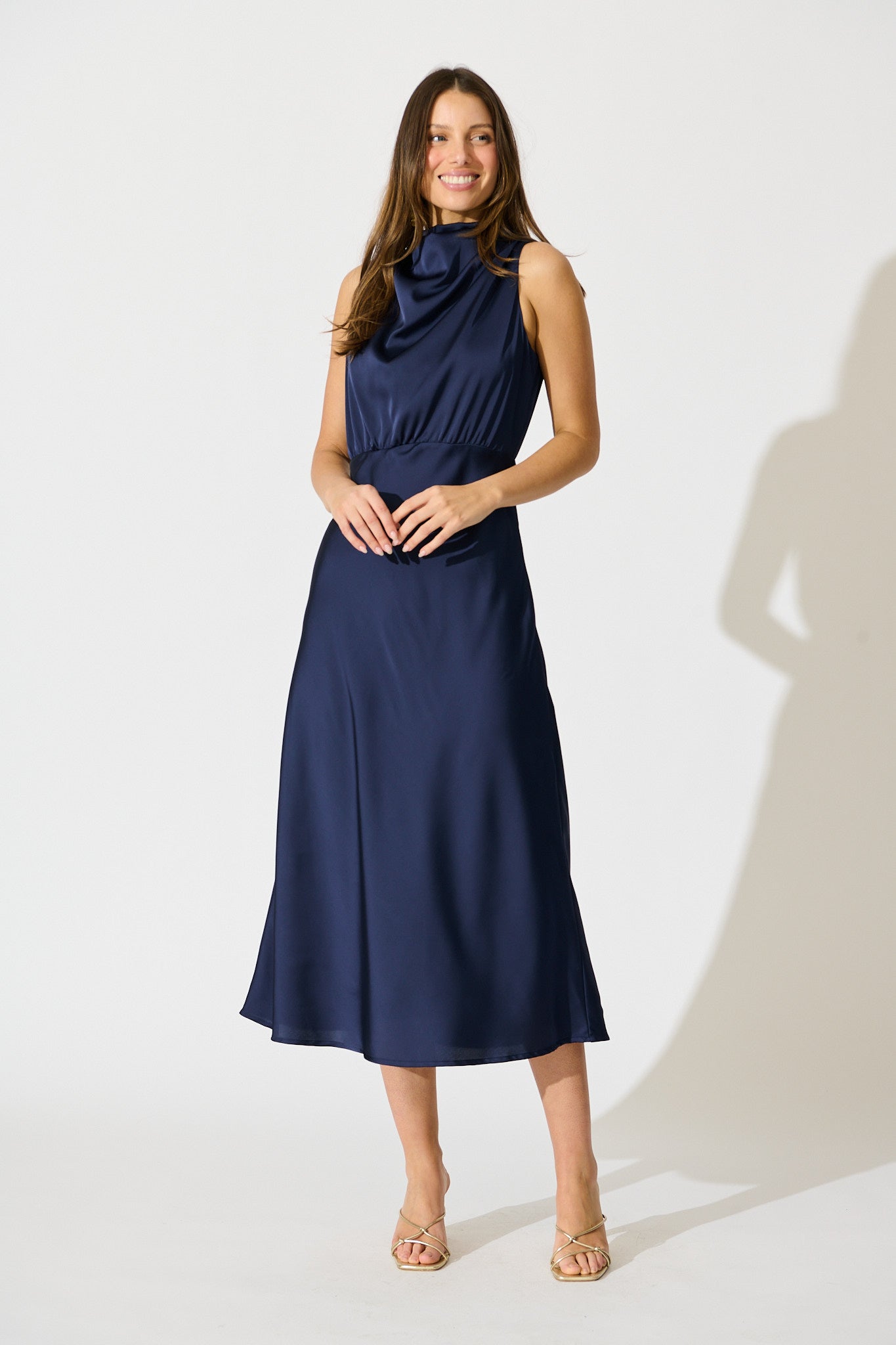 Vision of Love Midi Dress in Navy Satin