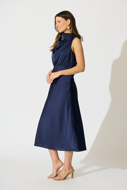 Vision of Love Midi Dress in Navy Satin