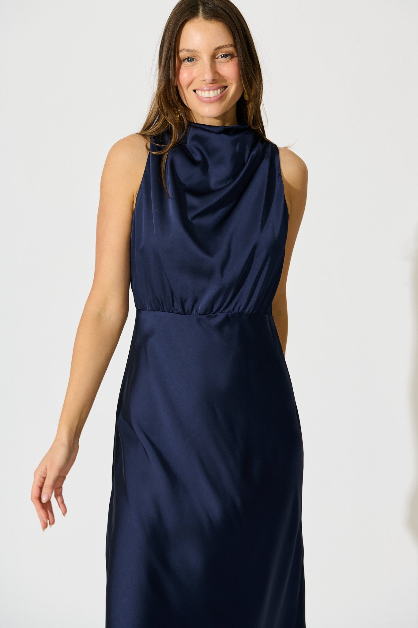 Vision of Love Midi Dress in Navy Satin
