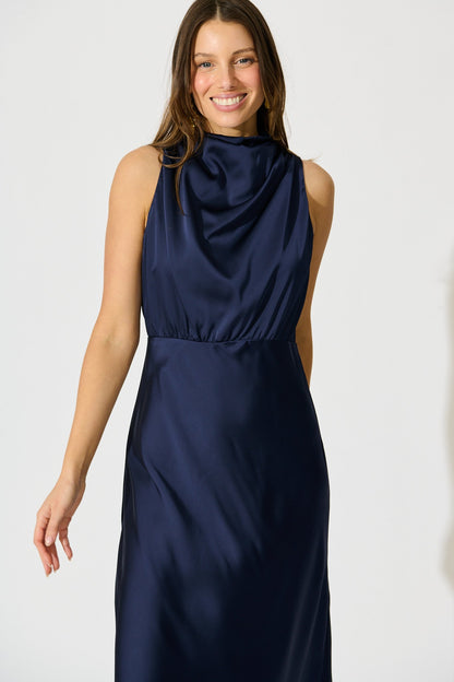 Vision of Love Midi Dress in Navy Satin