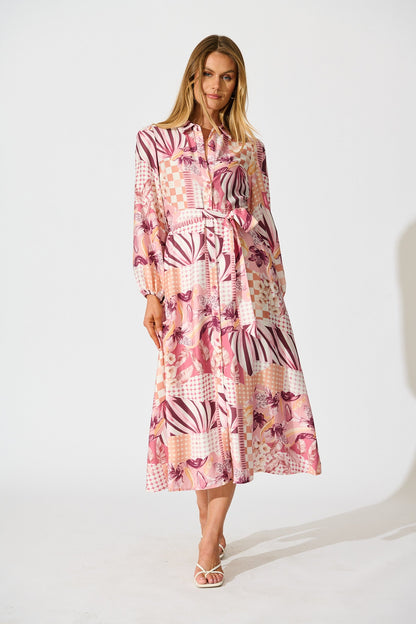 Imagination Midi Shirt Dress in Pink Patchwork Floral