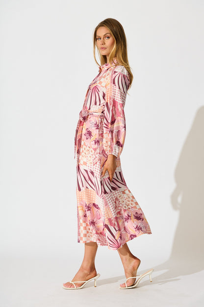 Imagination Midi Shirt Dress in Pink Patchwork Floral