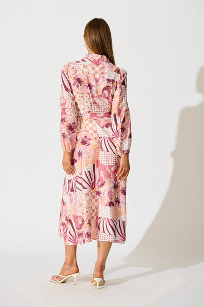 Imagination Midi Shirt Dress in Pink Patchwork Floral