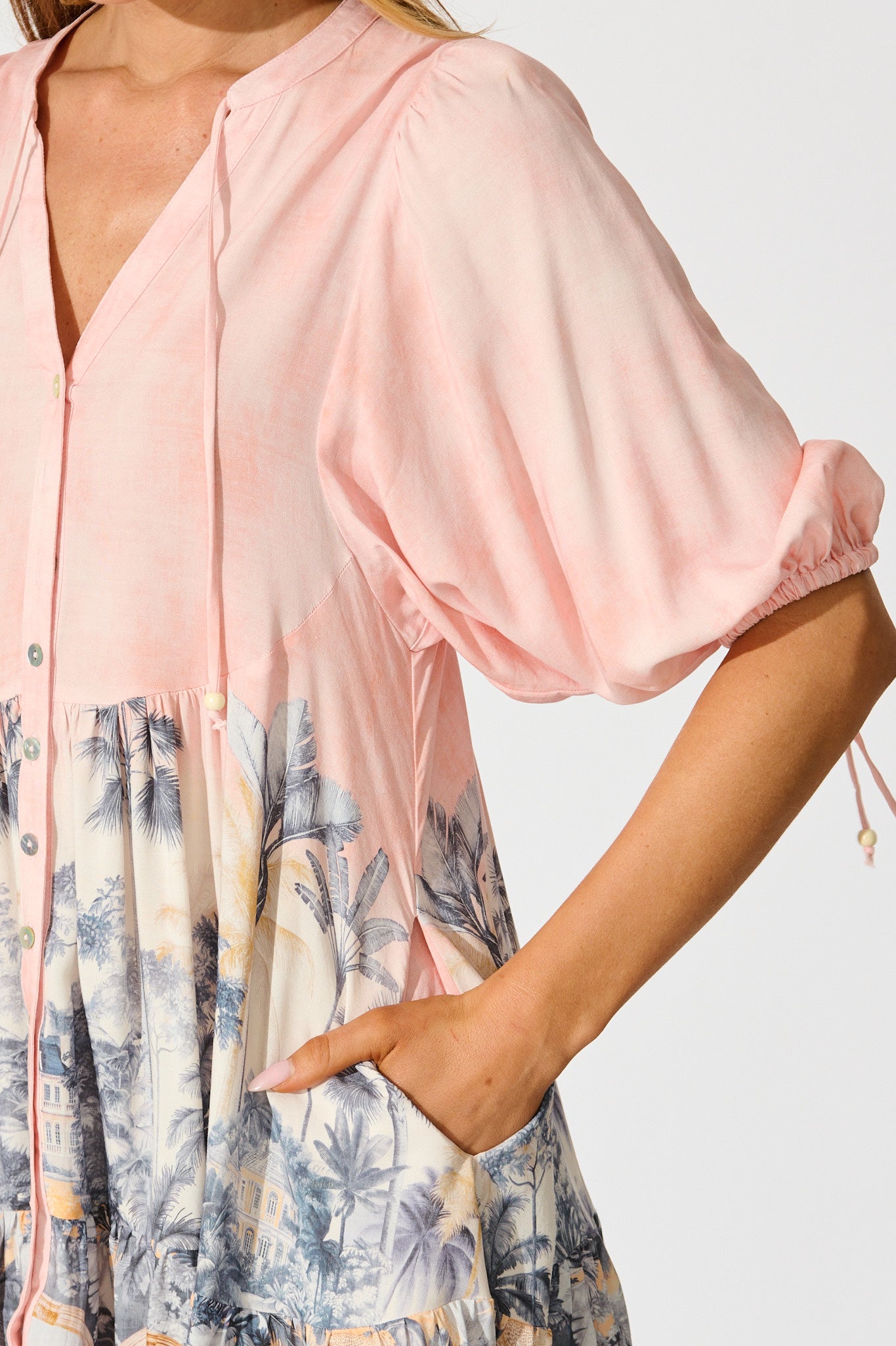 Emelyn Smock Dress in Blush Palm Tree Print