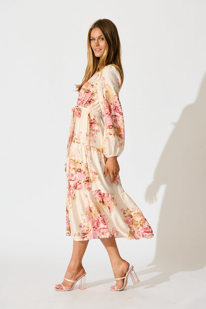 Primavera Midi Dress in Cream with Pink Floral