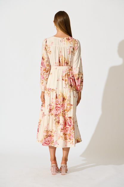 Primavera Midi Dress in Cream with Pink Floral