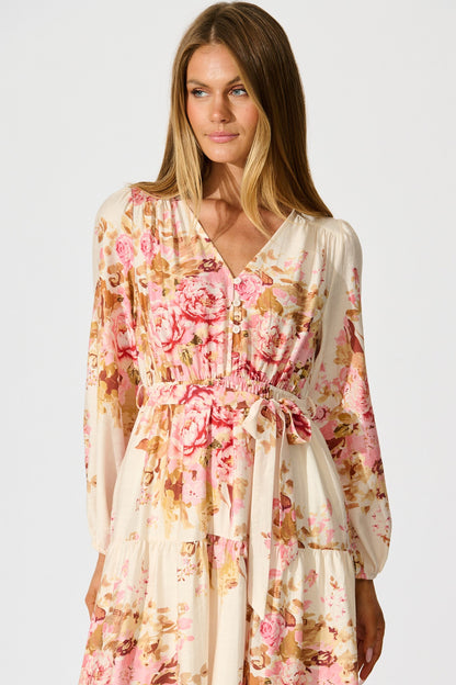 Primavera Midi Dress in Cream with Pink Floral