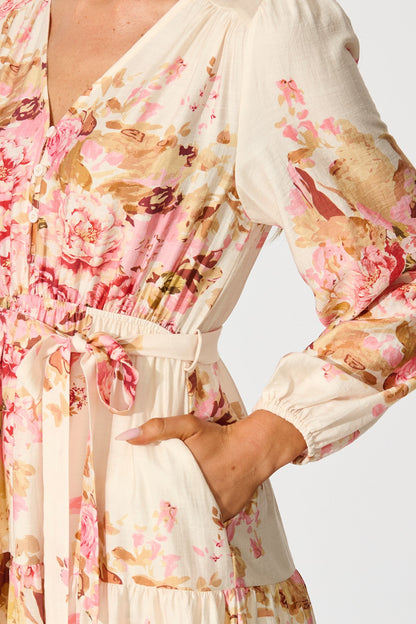 Primavera Midi Dress in Cream with Pink Floral