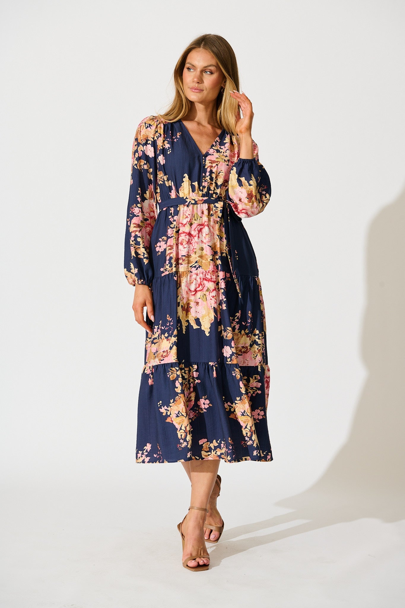 Primavera Midi Dress in Navy with Pink Floral