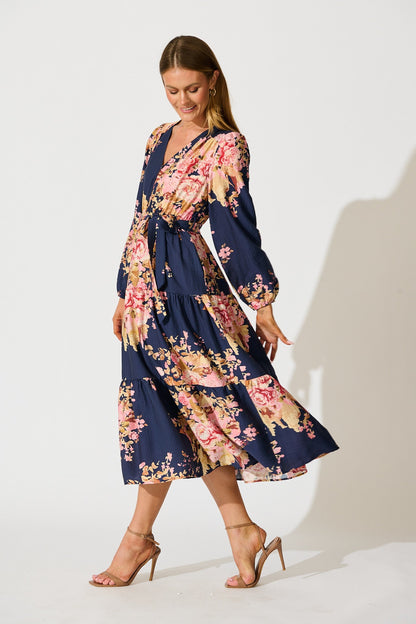 Primavera Midi Dress in Navy with Pink Floral