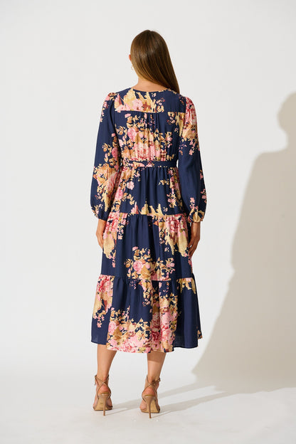 Primavera Midi Dress in Navy with Pink Floral