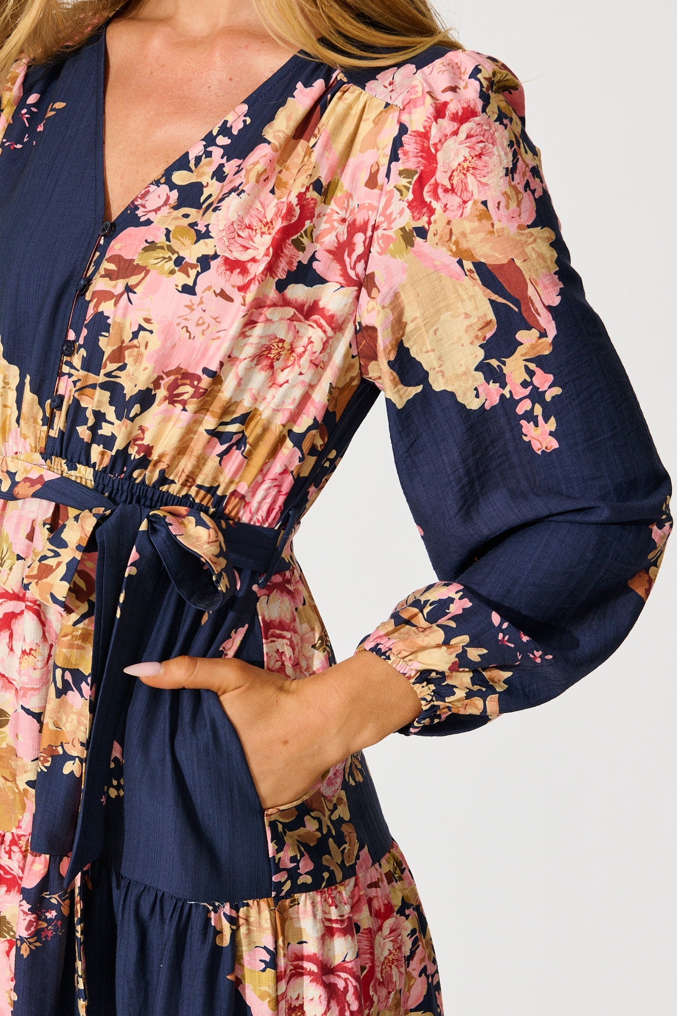 Primavera Midi Dress in Navy with Pink Floral