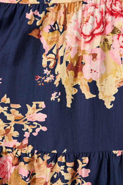 Primavera Midi Dress in Navy with Pink Floral
