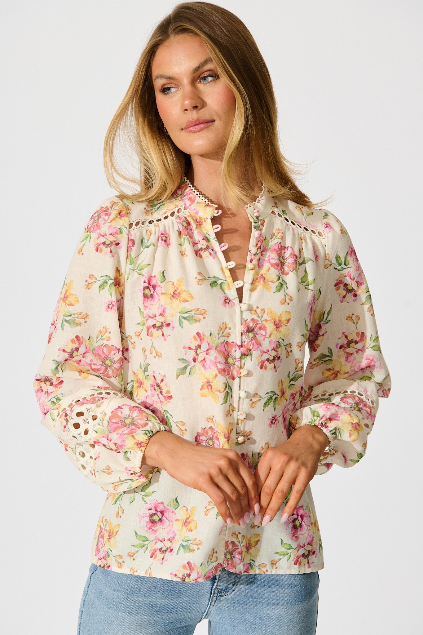 Cascades Top in Yellow Floral Linen Blend
