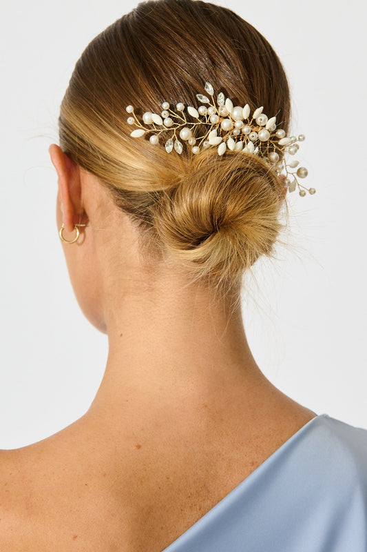 Leona Bridal Hair Comb Clip in Gold with Pearl