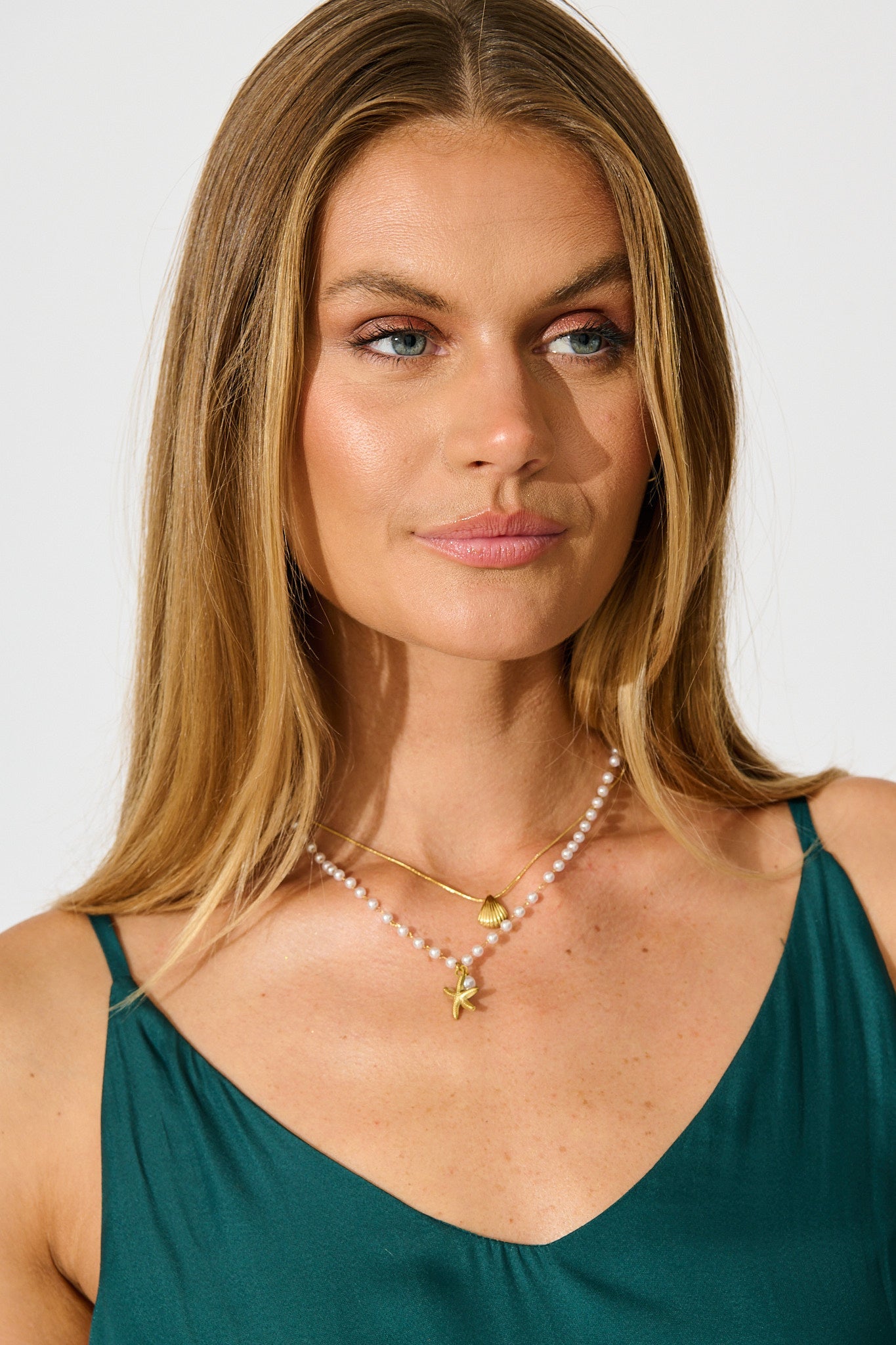 Palm Cove Double Layered Necklace in Gold with Pearl