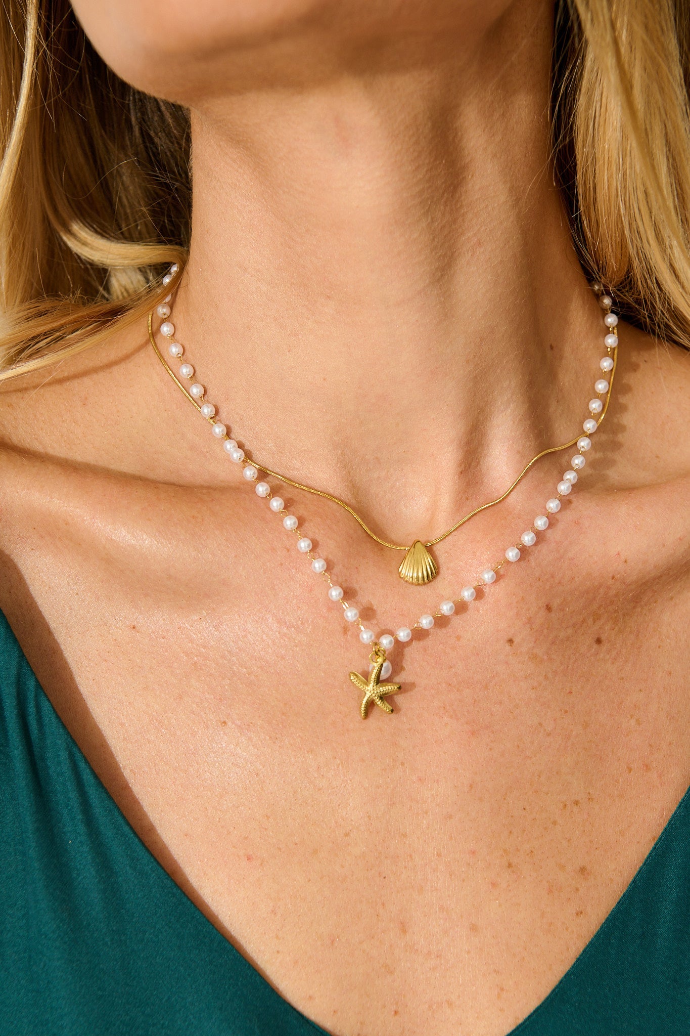 Palm Cove Double Layered Necklace in Gold with Pearl