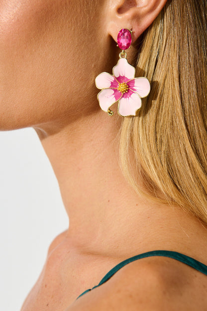 Orchid Drop Earrings in Pink Enamel with Stone
