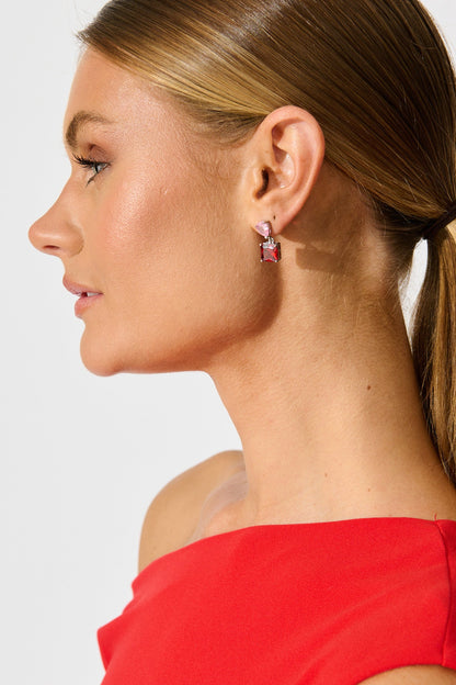 Elise Drop Earrings in Silver with Pink And Red Stones